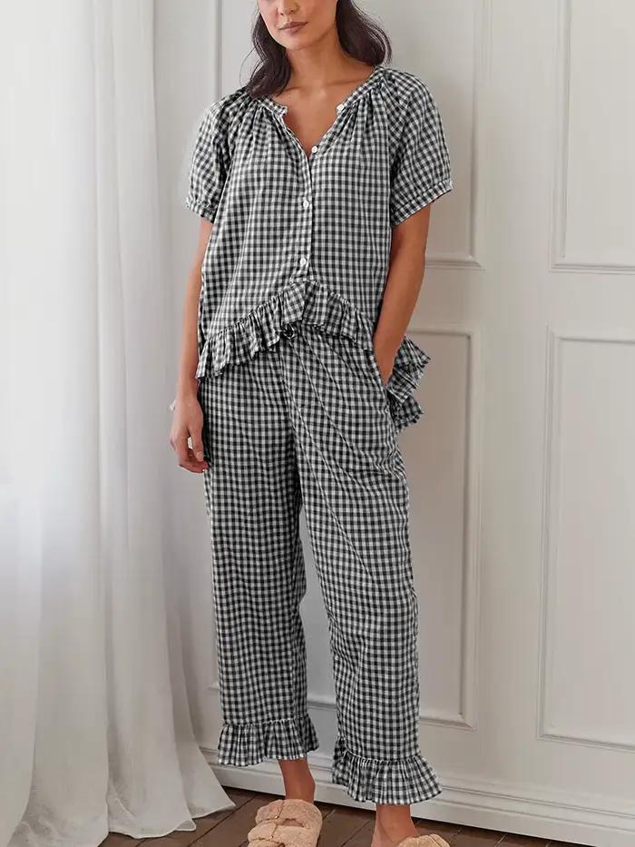 Pyjama à carreaux à manches bouffantes sur le devant pour femmes