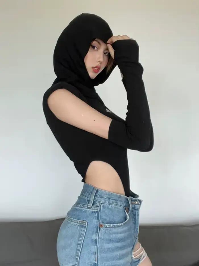 Body à capuche Lingerie Sexy corps Feminino haut noir femmes Rave tenue manches couverture une pièce