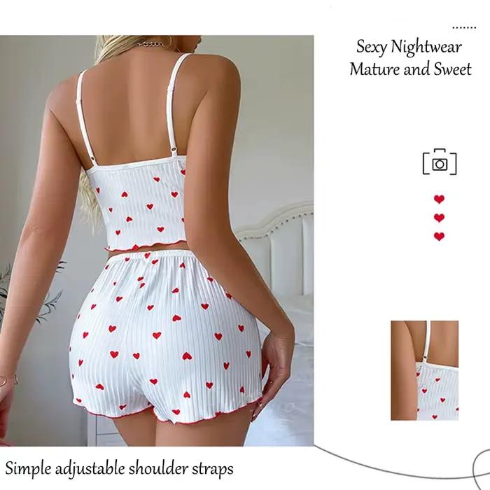 Vêtements de nuit femmes pyjamas ensemble coeur imprimé tissu côtelé doux avec glamour volants garniture décontracté