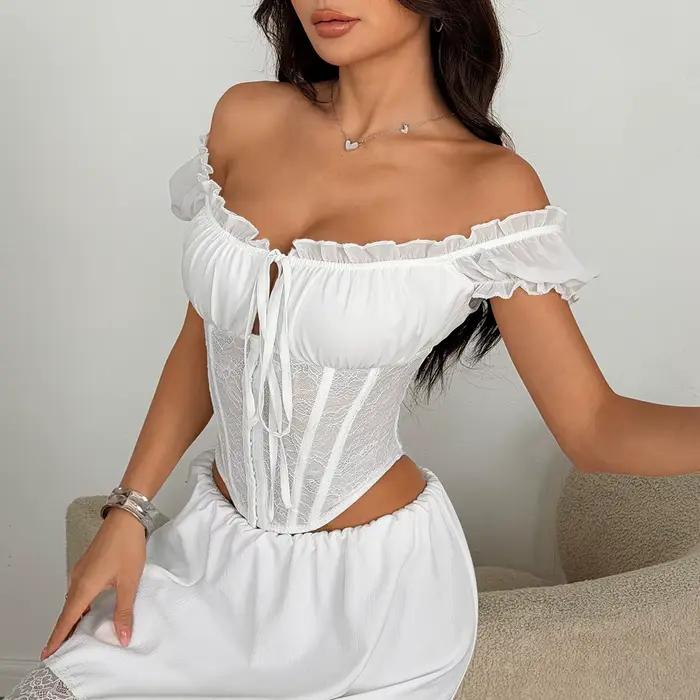 Haut corset blanc en dentelle pour femme, épaules dénudées, manches bouffantes, bustier à volants avec nœud avant, idéal pour les soirées, clubs et tenues Kawaii