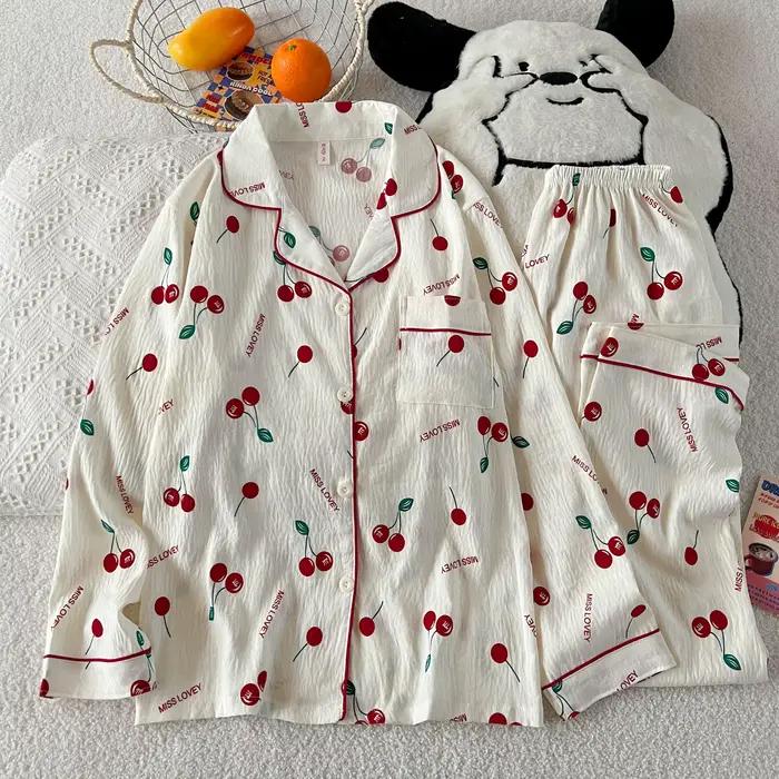Ensemble pyjama imprimé cerise pour femmes, vêtements de détente à carreaux, manches longues, Cardigan, haut et pantalon, vêtements de nuit pour la maison, automne et printemps