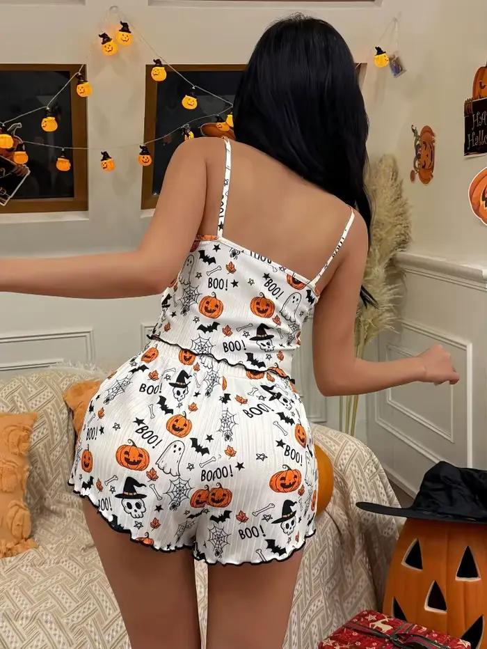 Ensemble pyjama imprimé citrouille d'Halloween pour femme
