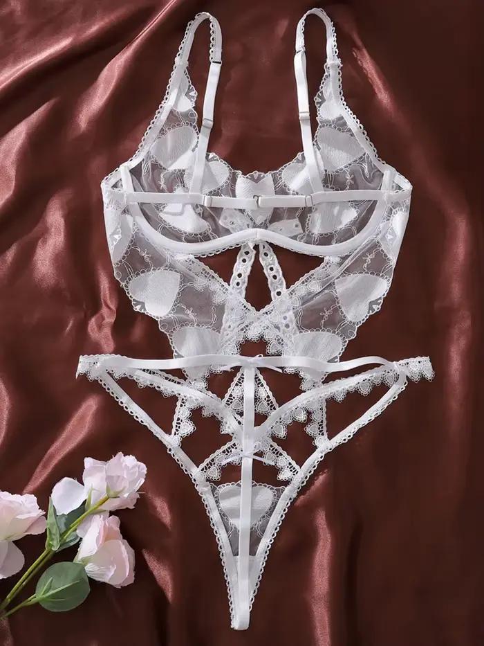 Body transparent en maille pour femme avec broderie cœur