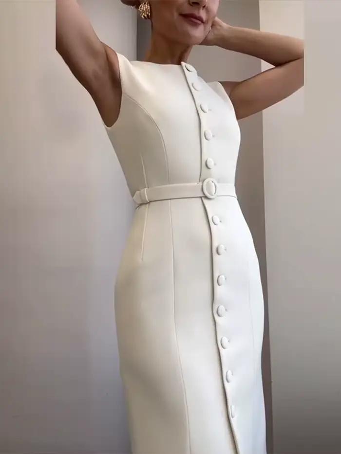 Costume sans manches à lacets robe mi-longue femmes élégant col rond simple boutonnage coupe ajustée Robes de soirée