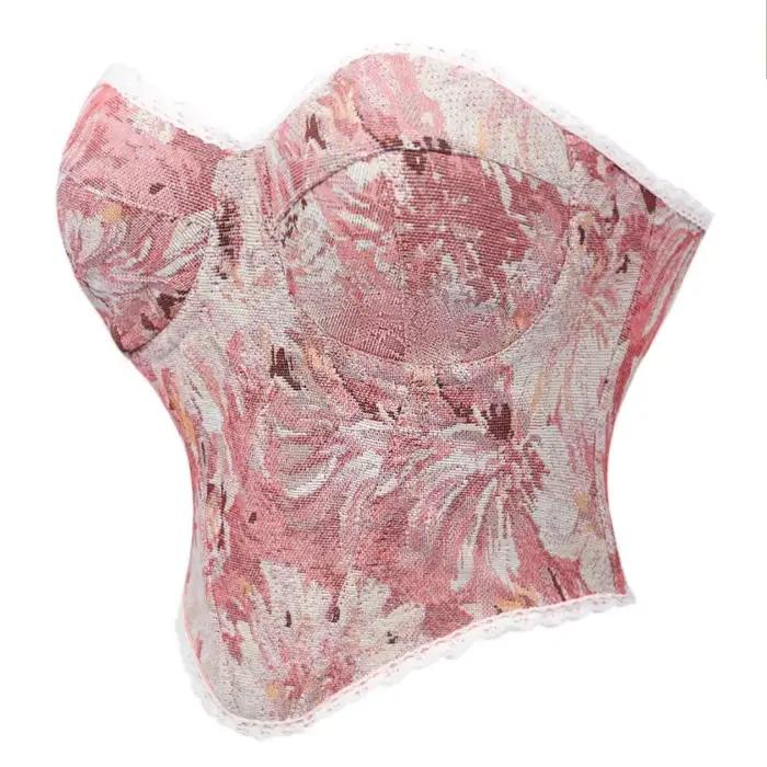 Corset bustier rose floral sans bretelles à col cœur pour femme