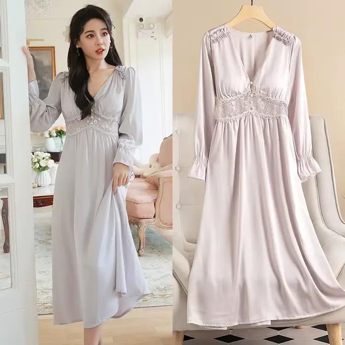 Chemise de nuit en patchwork de dentelle longue pour femmes