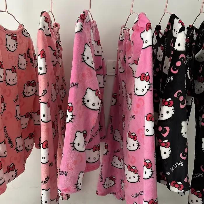 Hello Kitty pyjamas automne et hiver flanelle animation dessin animé mignon couple tenue décontracté chaud vêtements de détente deux pièces ensemble
