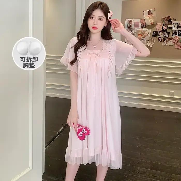 Robe de nuit style princesse pour femme, manches courtes, en maille fine, vêtements d'intérieur amples, pyjama, sans soutien-gorge, tenue décontractée d'été