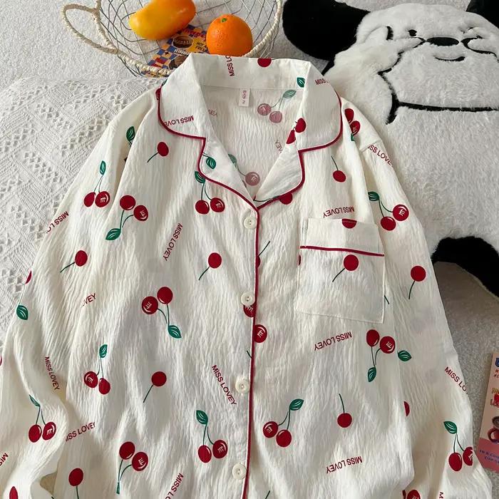 Ensemble pyjama imprimé cerise pour femmes, vêtements de détente à carreaux, manches longues, Cardigan, haut et pantalon, vêtements de nuit pour la maison, automne et printemps