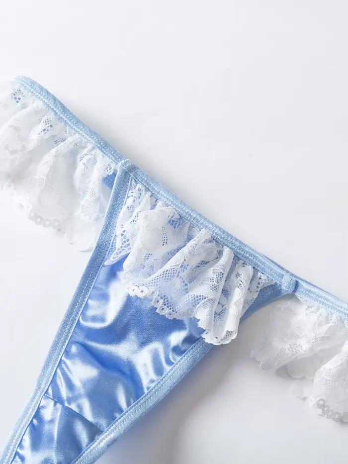 Ensemble de lingerie pour femme en satin jacquard avec dentelle, patchwork, volants et fermeture à nouer, avec armatures