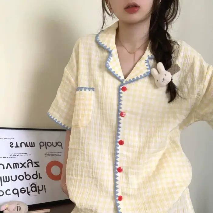 Pyjama d'été mignon à carreaux color-block pour femme : ensemble à manches courtes