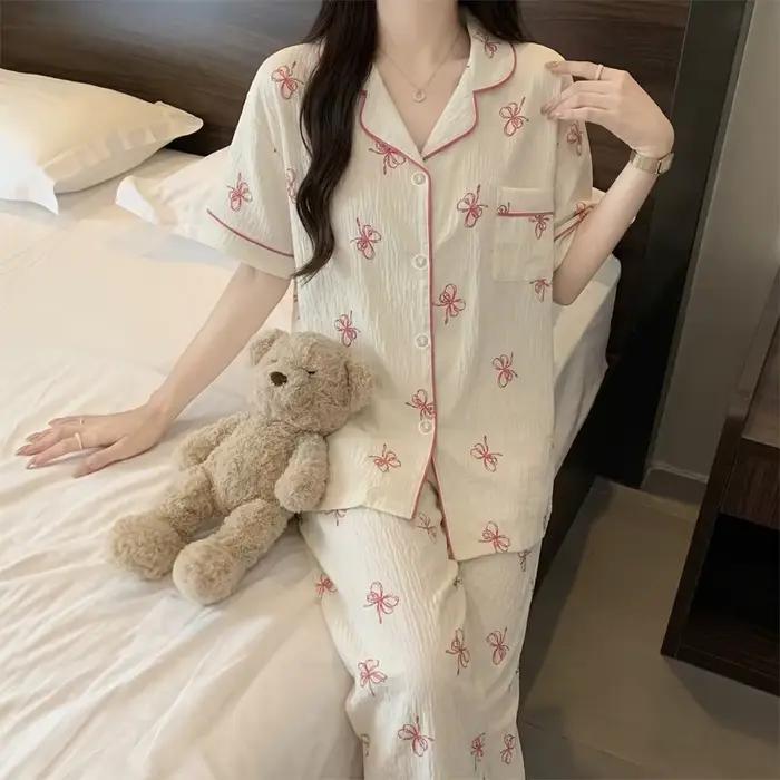 Pyjama doux à nœuds de style français pour femme : ensemble d'été à manches courtes et pantalon long avec imprimé nuage