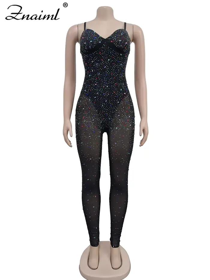 Znaiml-Salopette de Luxe en Maille Transparente pour Femme, Barboteuse et Combinaison Sexy, Coloris Diamants, ixd'Anniversaire, Boîte de Nuit, 1 Pièce