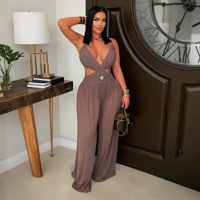 Été 2025 femmes Sexy col en v découpe fronde Cami combinaison couleur unie dos nu voir à travers une pièce pantalons longs fête Club barboteuse