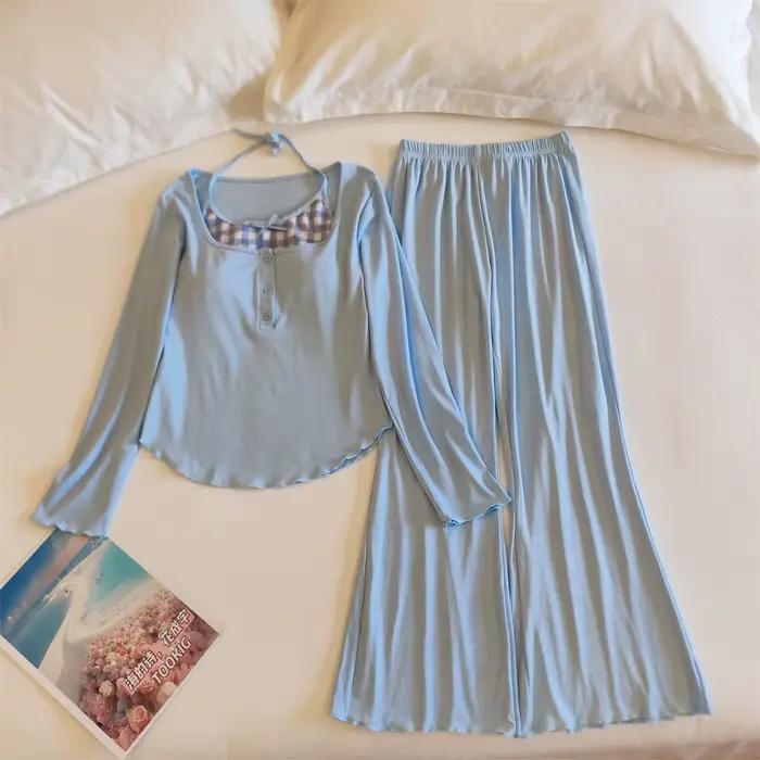 Pyjama femme printemps automne hiver nouveau pantalon à manches longues ensemble coussin de poitrine coréen coton