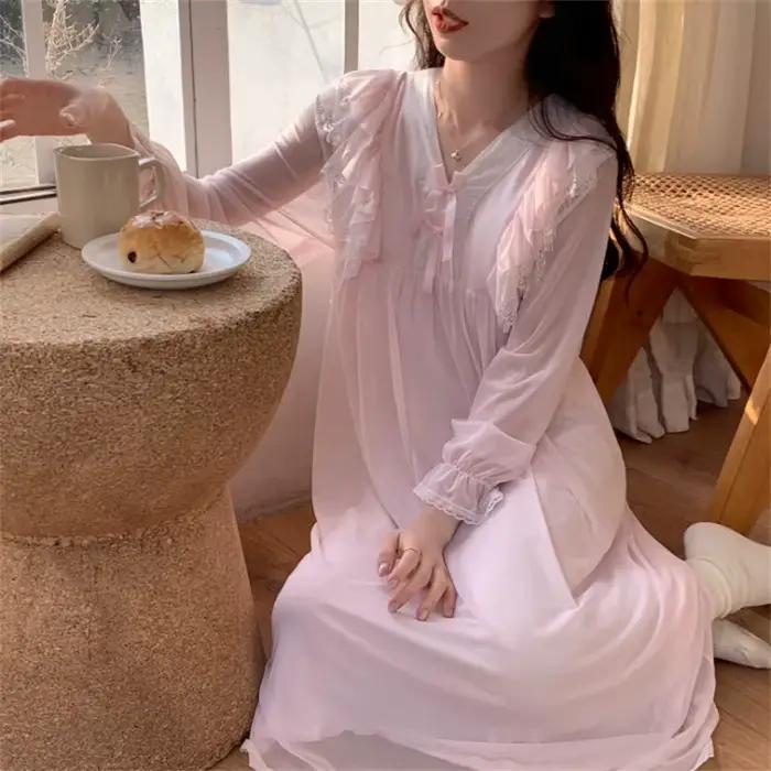 Princesse douce chemises de nuit femmes ample col en V à manches longues chemise