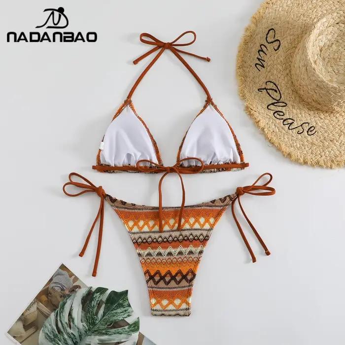 Nadanbao Sexy tricot imprimé fleuri Bikini ensembles maillots de bain femmes marron dos nu mode maillot de bain femme licou plage fête Bikini