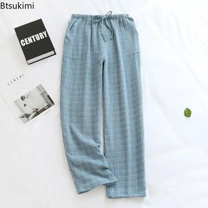 Bas de sommeil japonais pour hommes, pantalon de pyjama à carreaux en treillis Simple, fil de coton 100%, vêtements de maison, taille élastique, nouvelle collection 2026