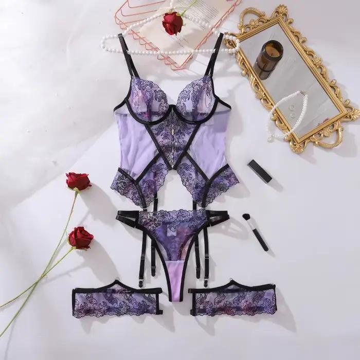 Ensembles de lingerie sexy avec broderie florale violette pour femmes