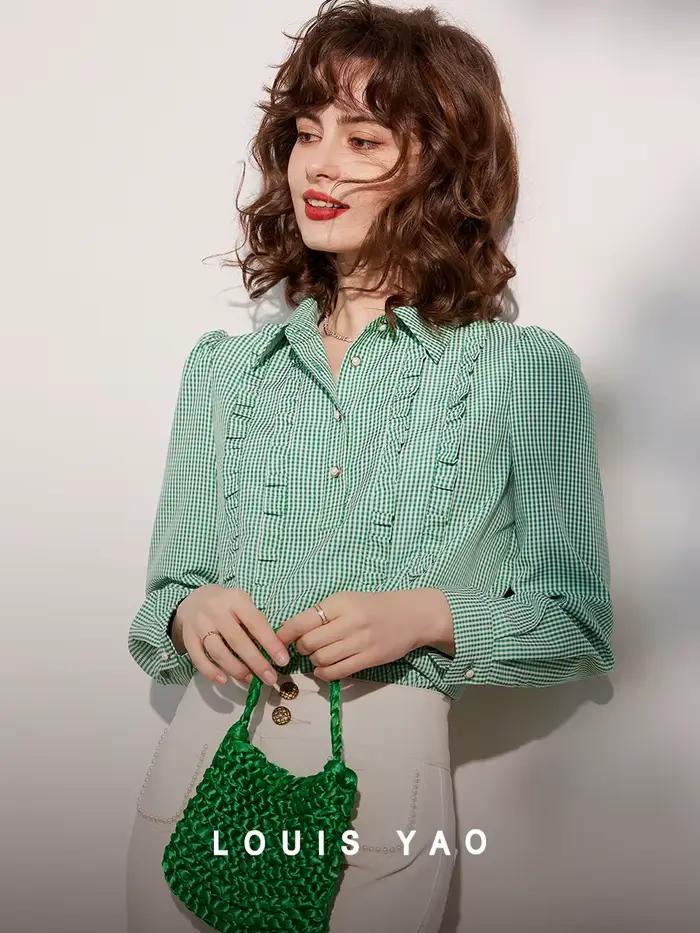 Modiis Yao-Chemise à carreaux à manches longues et bouffantes pour femme