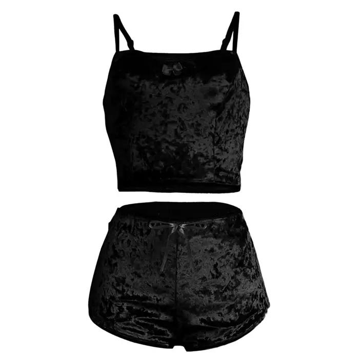 Ensemble de vêtements de nuit à bretelles Sexy pour femmes, ensemble deux pièces en velours noir et doré, ensemble de vêtements de nuit pour la maison