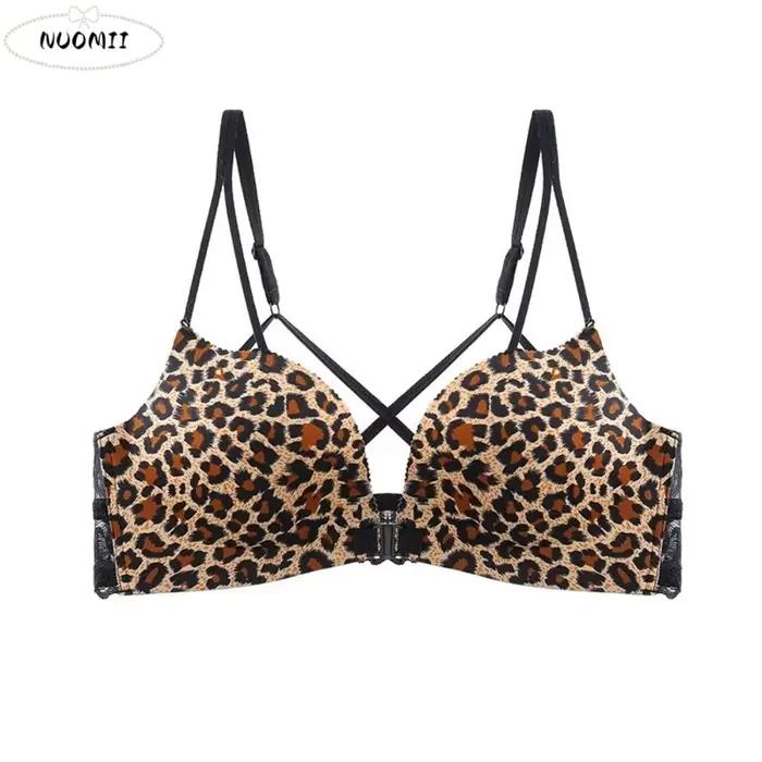 Soutien-gorge sans dos sans armatures push-up imprimé léopard, décolleté en V profond, avec fermeture avant, anti-affaissement et soutien