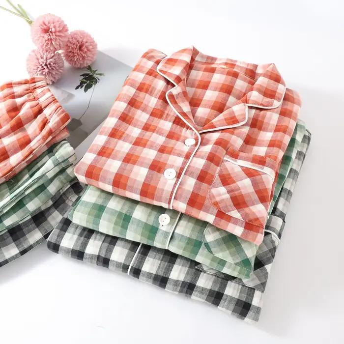 Ensemble pyjama Double couche en gaze de coton imprimé à carreaux pour Couples