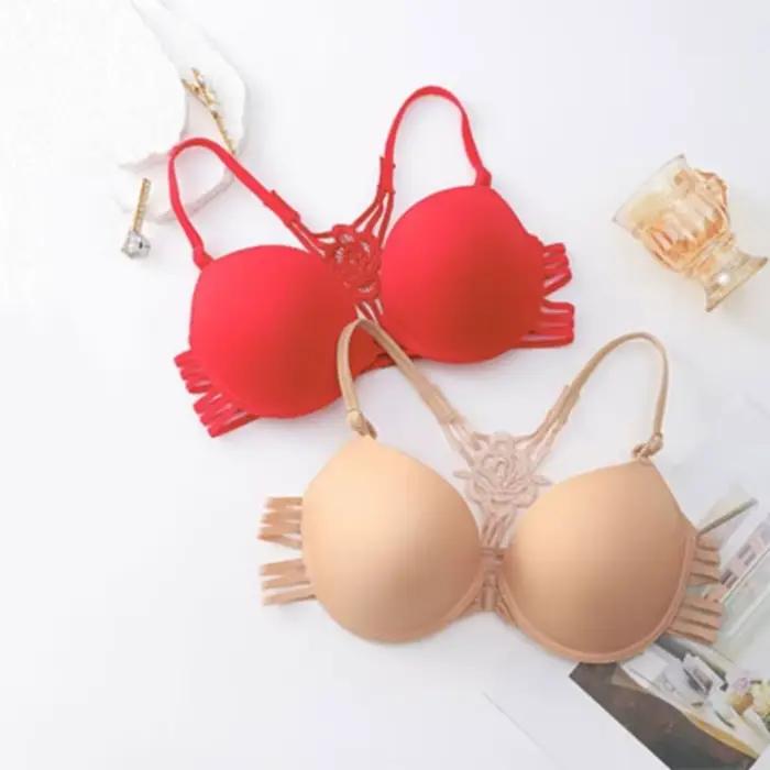 Soutien-gorge push-up sans couture à boutons avant en dentelle pour femme, bonnet 3/4, motif floral, dos élégant