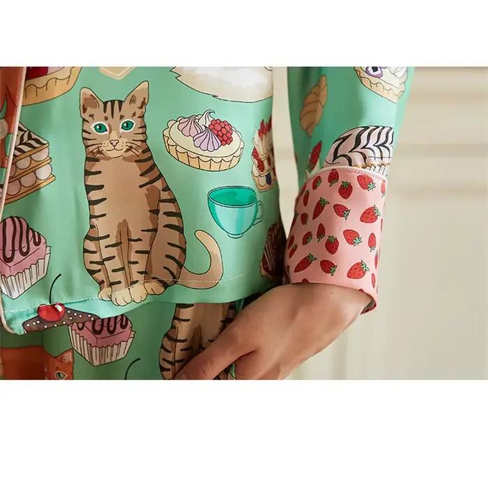 Ensemble pyjama deux pièces imprimé chat pour femme