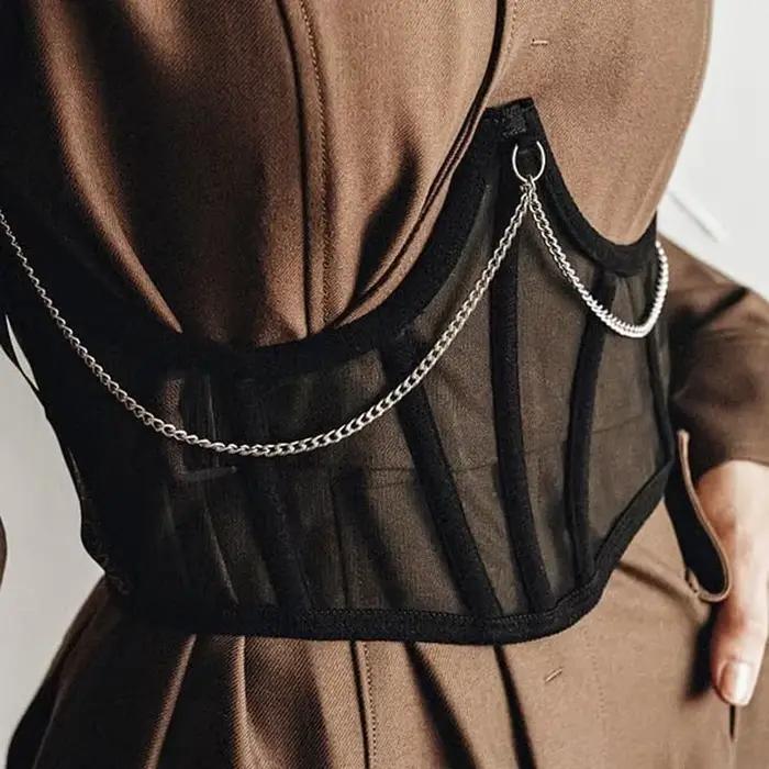 Corset sous-poitrine noir avec chaîne punk pour femmes style gothique dentelle ajustable tous les jours