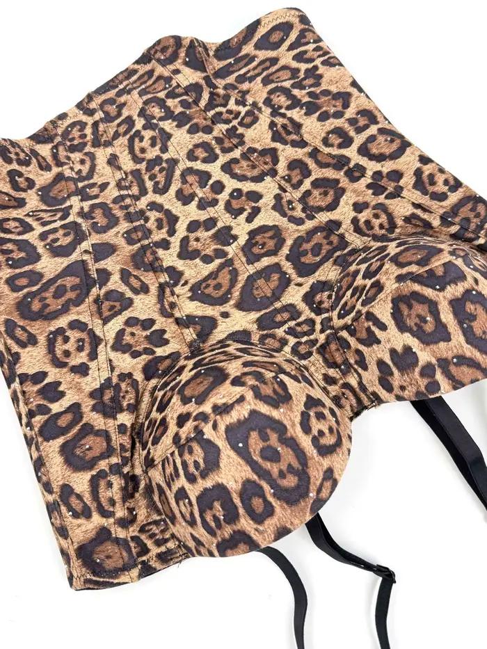 Corset en arête de poisson push-up imprimé léopard pour femme, Y avec soutien-gorge, haut de soirée en maille de dentelle, sangle spaghetti, sortie en boîte de nuit