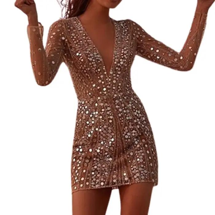 Mini robe à paillettes à col en V profond pour dames