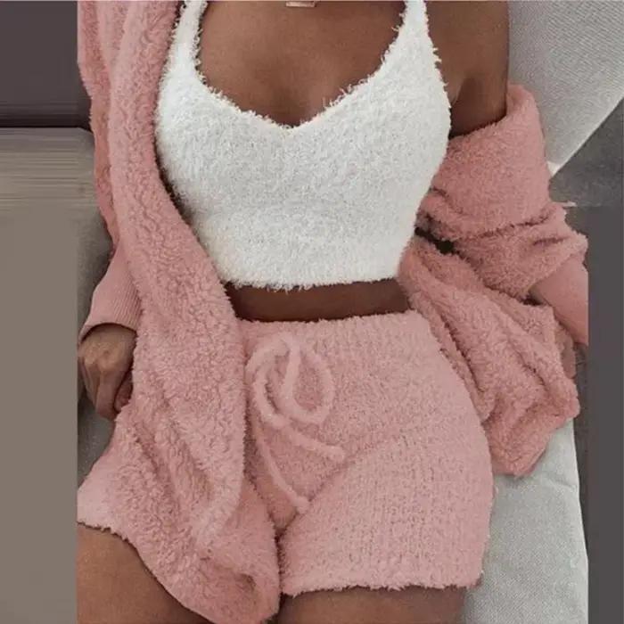 Nouvel ensemble de pyjama en velours pour femme 2026 – Haut court sexy + short + veste – 3 pièces – Tenue décontractée