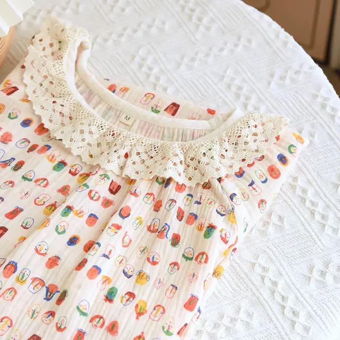 Chemise de nuit en coton imprimé à manches longues pour femmes