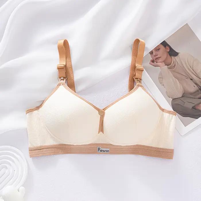 Soutien-gorge d'allaitement en pur coton à double boutonnage, confortable et respirant, avec fines bretelles froncées, sans coutures, anti-affaissement