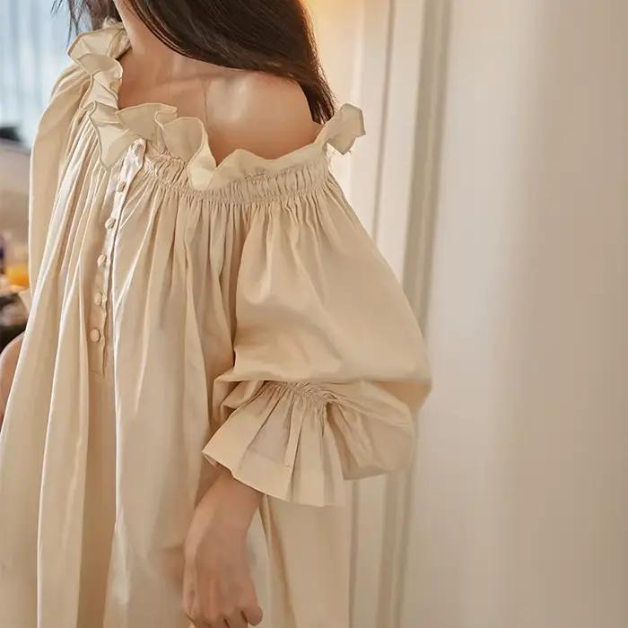 Fée française rétro longue chemise de nuit 100% coton style court tempérament vêtements