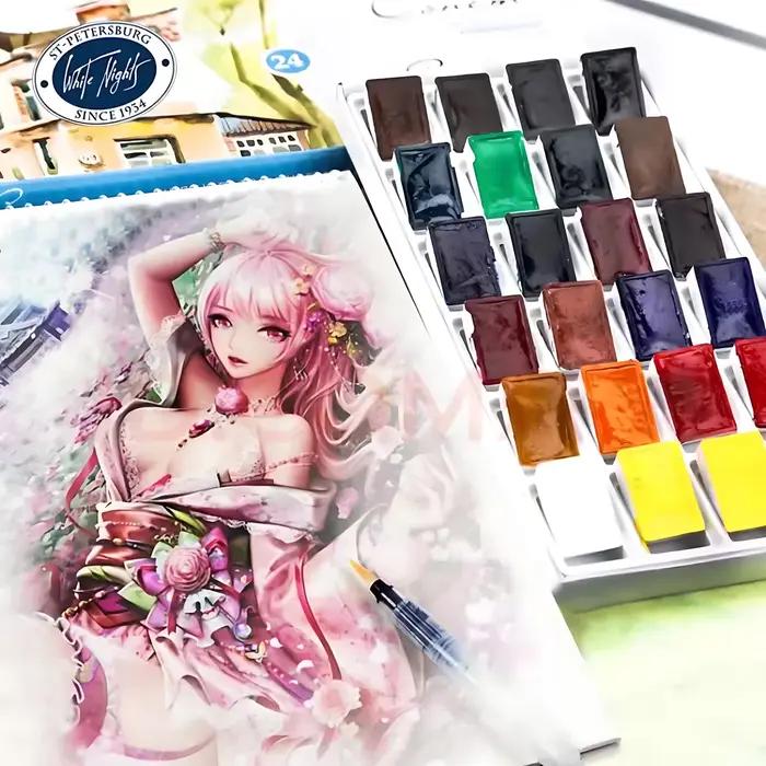 Ensemble de peinture aquarelle solide pour débutants et étudiants, pinceau d'interconnexion, fournitures d'art de dessin, document russe White Nights 16/24
