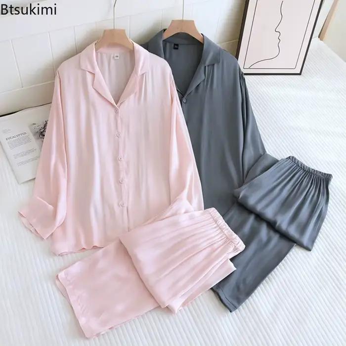 Ensembles de pyjamas amples et doux 2026 pour couples, hommes et femmes, en coton, soie et satin fin, vêtements d'intérieur printemps-automne, tenue de nuit 2 pièces