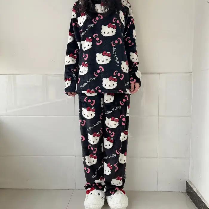 Hello Kitty pyjamas automne et hiver flanelle animation dessin animé mignon couple tenue décontracté chaud vêtements de détente deux pièces ensemble