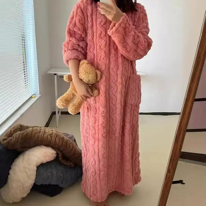 Chemise de nuit en velours corail pour femme, pyjama d'automne et d'hiver, vêtements de nuit longs, ensembles de Robe chaude, vêtements de maison, peignoir