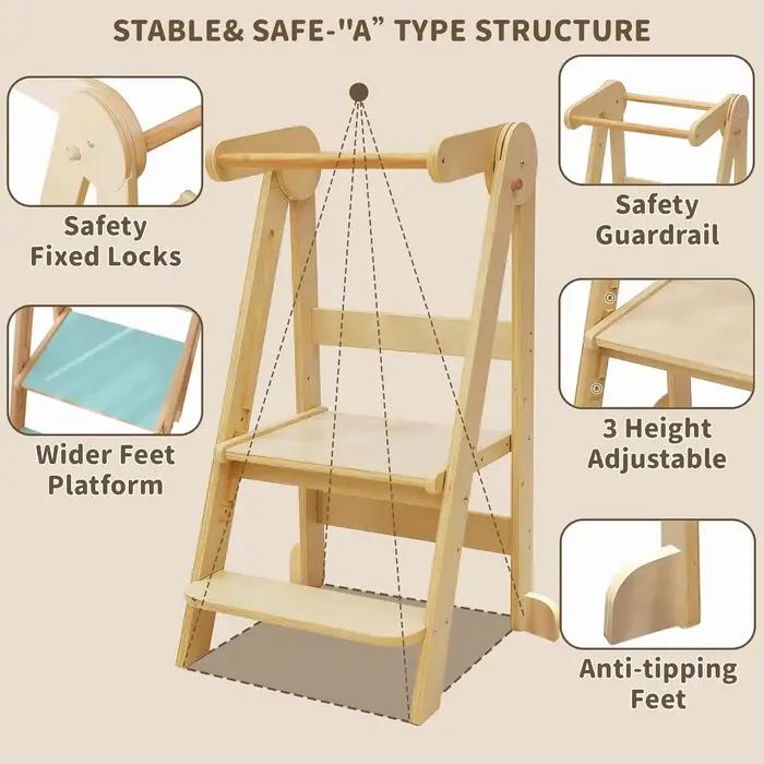 Tour pour tout-petits Tour d'apprentissage Montessori réglable 3 en 1 | Escabeau pliable pour cuisine | Bois naturel (1-6 ans)