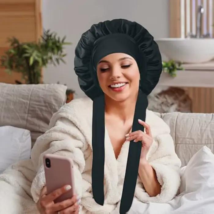 Bonnet de nuit en satin de soie pour femmes, bonnet de sommeil à large bord avec bande élastique, couleur unie, anti-frisottis