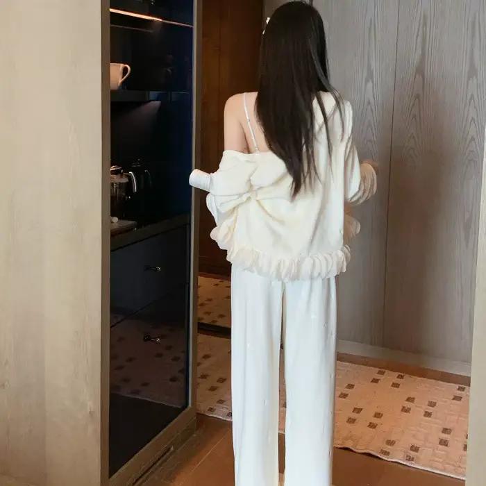 Island Velvet Women's Pajamas 3Pcs Set Loungewear Elegant Sexy Lace Trim Sleepwear Pijamas Suit Loose Casual Home Clothes Pyjama