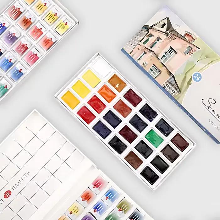 Ensemble de peinture aquarelle solide pour débutants et étudiants, pinceau d'interconnexion, fournitures d'art de dessin, document russe White Nights 16/24