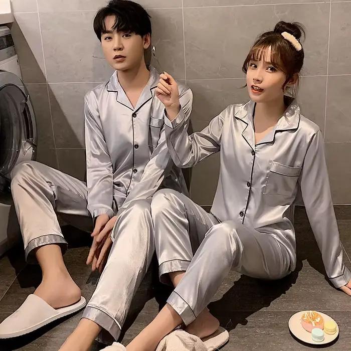 Vêtements de nuit Couple soie Satin couleur unie pyjama ensembles Long boutonné Pijama grande taille maison