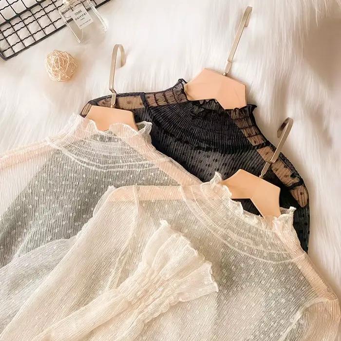 Chemise à col haut en maille transparente Bella Philosophy pour femmes, été, fine, transparente, basique, dentelle, manches longues évasées