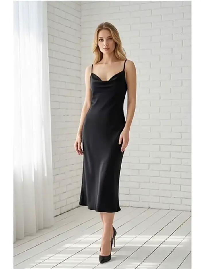 Robe de nuit longue noire en satin polyester ny lon col en V pour femmes nuits de lune de miel et mariage