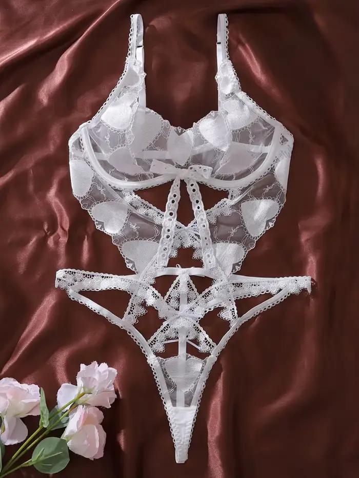 Body transparent en maille pour femme avec broderie cœur