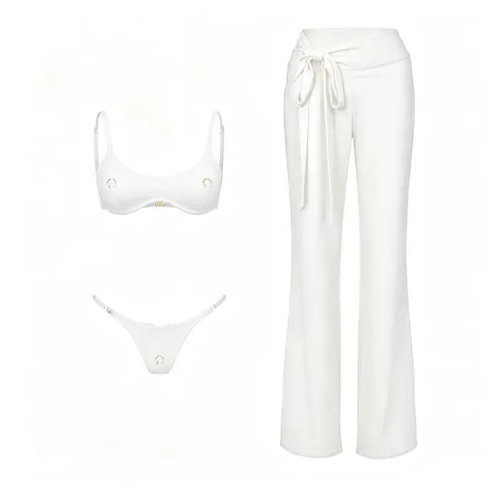 Maillot de bain sexy 3 pièces avec pantalon de plage, bikini push-up pour femme, maillot de bain blanc, micro bikinis, vêtements de plage