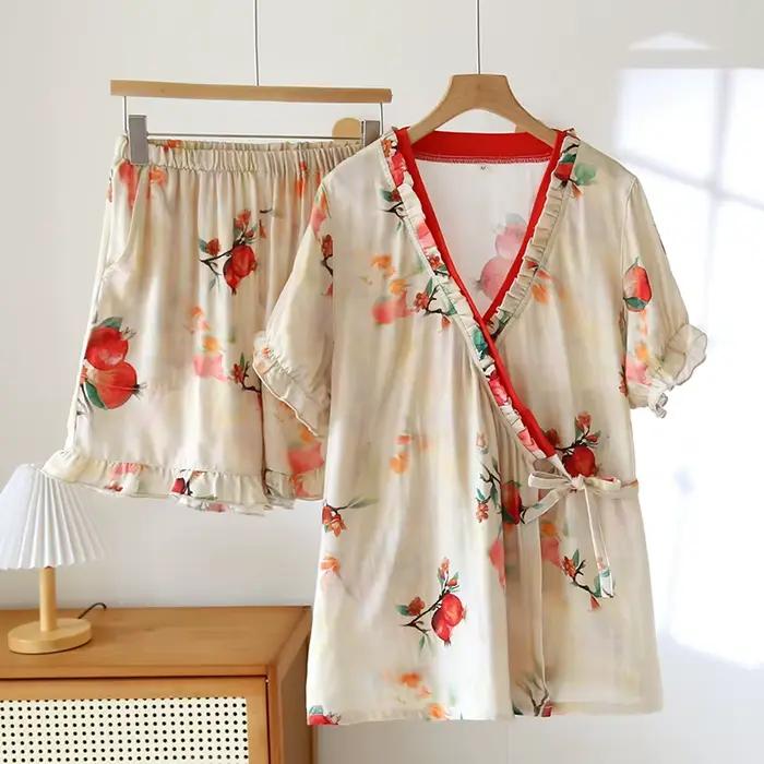 Ensemble pyjama d'été en coton de bambou pour femmes, imprimé floral fin, Kimono à lacets, manches courtes, avec Short, costume de pyjama